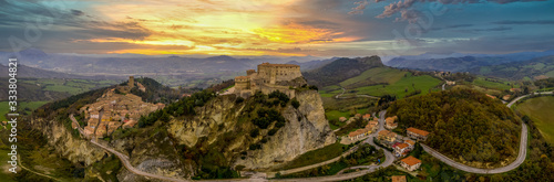 Aerial view of San Leo village and fortress in Italy near the Adriatic sea