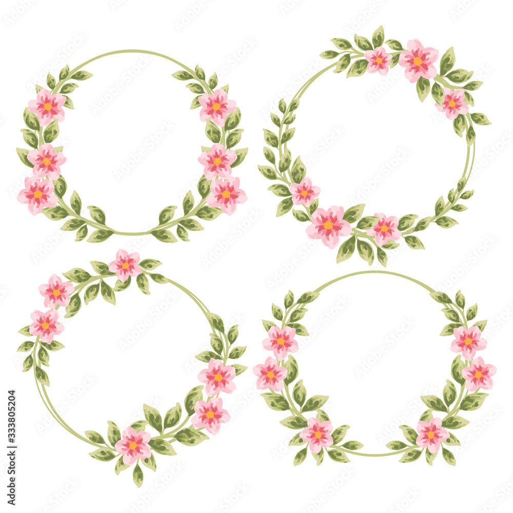 Beautiful and vintage hand drawn sakura flower wreath set. Pink dog-rose flower and green leaf arrangement for wedding invitation or greeting card 
