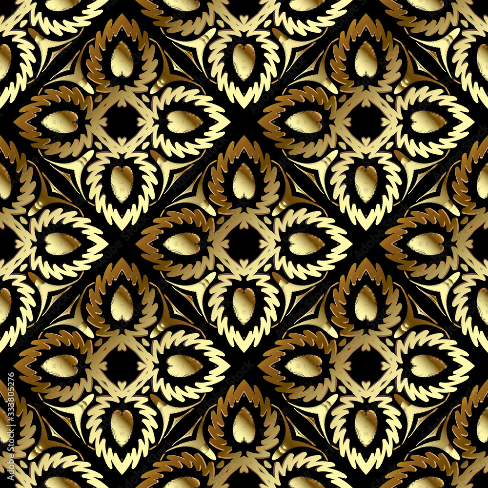 Tapestry gold floral 3d seamless pattern. Embroidery ornamental vector background. Damask grunge vintage golden flowers, shapes. Textured  fabric pattern.  Patterned  embroidered carpet ornaments