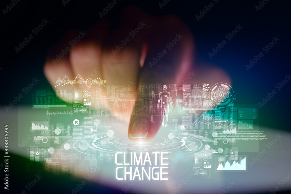 Finger touching tablet with web technology icons and CLIMATE CHANGE inscription