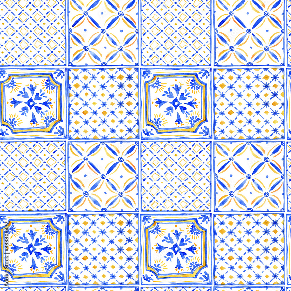 Watercolor blue ornament square seamless pattern