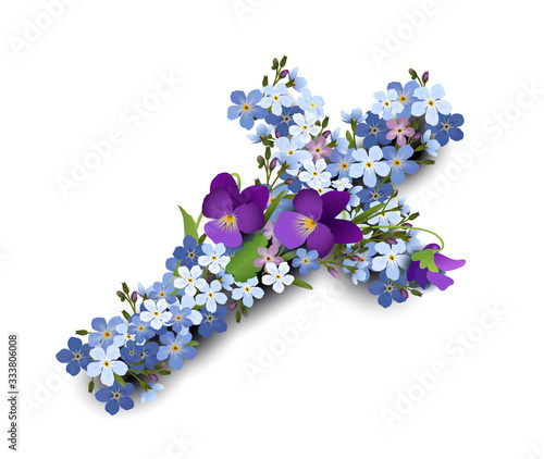 Kreuz aus Vergissmeinnicht und Veilchen Blumen, Vektor Illustration isoliert auf weißem Hintergrund