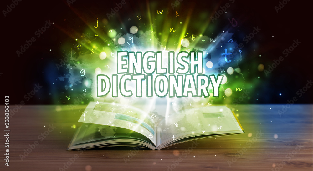 ENGLISH DICTIONARY inscription coming out from an open book, educational concept ENGLISH DICTIONARY inscription coming out from an open book, educational concept