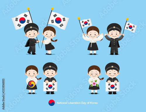 Liberation Day. Taegeukgi and Hanbok Children's Couple.