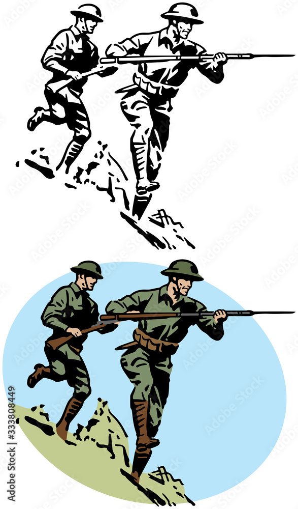 A drawing of two World War II era army soldiers charging into battle