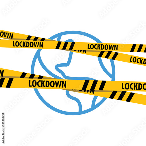 Lockdown barrier tape over planet earth. Warning yellow dangerous symbol. Global quarantine on coronavirus outbreak.