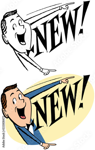 A cartoon of an excited businessman pointing at something new. 