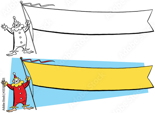 A cartoon of a clown holding up a large blank banner sign.