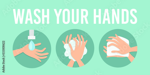 Wash Your Hands Instruction Icons. Round Design Illustration. Flat Art Concept Vector.