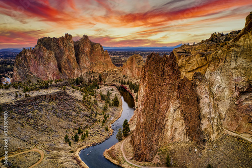 Wall Mural Smith Rock at sunset aerial shot