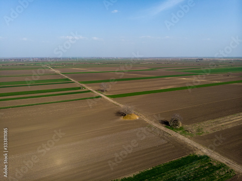Aerial view from drone of agriculture fields ready for seeding