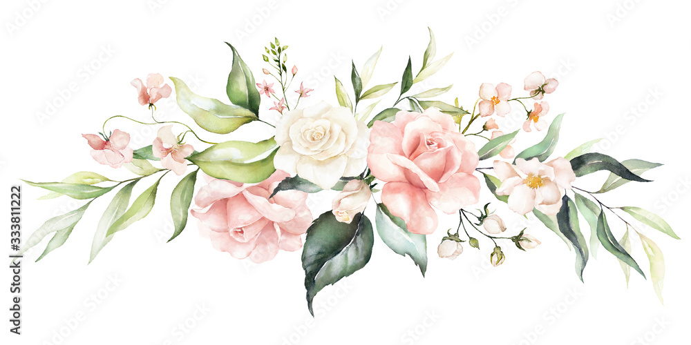 Watercolor floral bouquet - illustration with bright pink vivid flowers ...