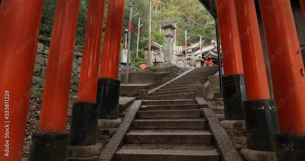 Many Torii gates Fushimi Inari Taisha religios center in Kyoto, steps taking the stairs up Many Torii gates Fushimi Inari Taisha religios center in Kyoto, steps taking the stairs up