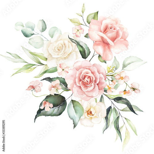 Watercolor floral bouquet - illustration with bright pink vivid flowers, green leaves, for wedding stationary, greetings, wallpapers, fashion, backgrounds, textures, DIY, wrappers, cards. © Veris Studio