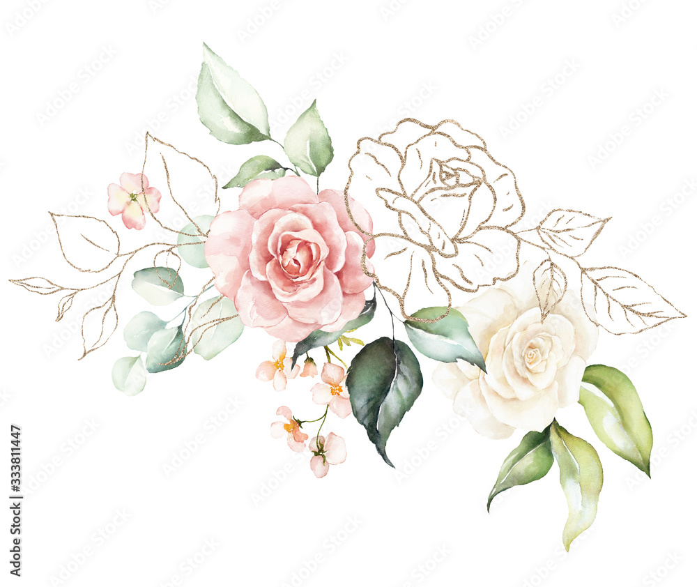 Watercolor floral bouquet - illustration with bright pink vivid flowers, gold elements, green leaves, for wedding stationary, greetings, wallpapers, fashion, backgrounds, textures, wrappers, cards.