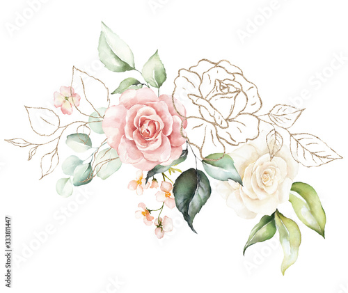 Watercolor floral bouquet - illustration with bright pink vivid flowers, gold elements, green leaves, for wedding stationary, greetings, wallpapers, fashion, backgrounds, textures, wrappers, cards.