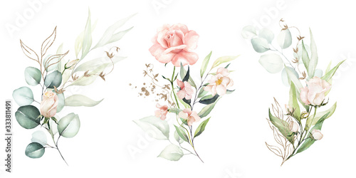 Watercolor floral illustration set - flower and green gold leaf branches bouquets collection, for wedding stationary, greetings, wallpapers, fashion, background. Eucalyptus, olive, green leaves, etc.