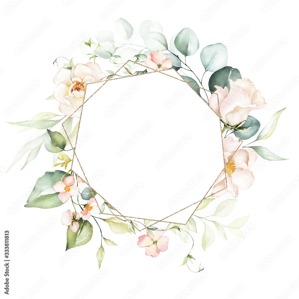 Watercolor floral frame / wreath - flowers, leaves and branches with gold geometric shape, for wedding invites, greeting cards, wallpapers, fashion, background. Eucalyptus, pink roses, green leaves.