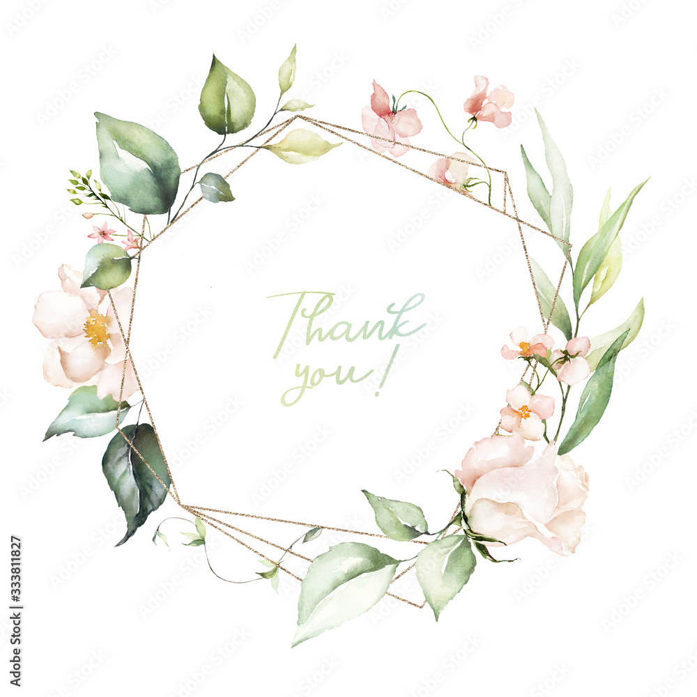 Obraz Watercolor floral frame / wreath - flowers, leaves and branches with gold geometric shape, for wedding invites, greeting cards, wallpapers, fashion, background. Eucalyptus, pink roses, green leaves.