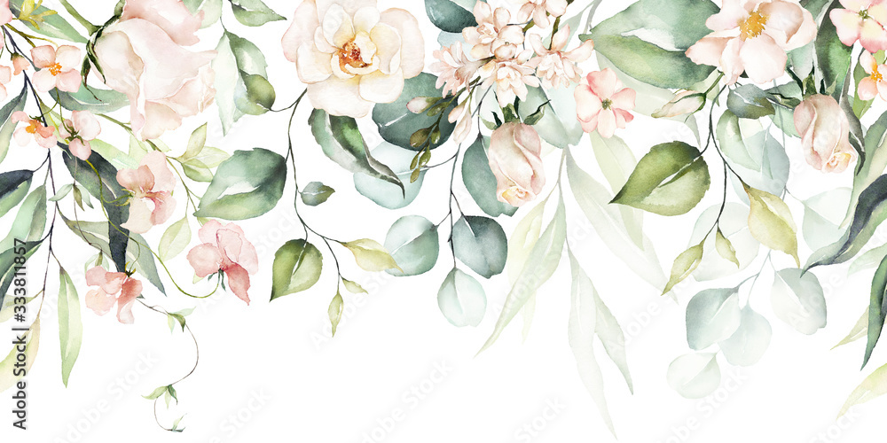Obraz premium Akwarela bezszwowe obramowanie - ilustracja z jasnoróżowymi żywymi kwiatami, zielonymi liśćmi, na ślub stacjonarny, pozdrowienia, tapety, moda, tła, tekstury, majsterkowanie, opakowania, kartki.