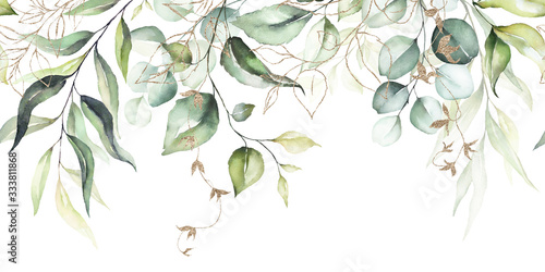 Watercolor seamless border - illustration with green leaves & branches and gold elements, for wedding stationary, greetings, wallpapers, fashion, backgrounds, textures, DIY, wrappers, cards.