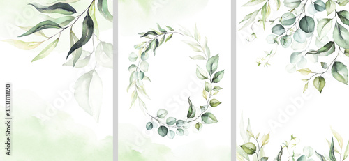 Watercolor floral illustration set - collection of green wreath, frame, bouquet, for wedding stationary, greetings, wallpapers, fashion, posters, background. Eucalyptus, olive, green leaves, etc.
