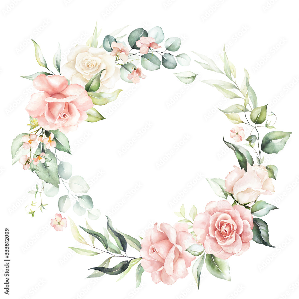 Watercolor floral wreath / frame with green leaves, pink peach blush flowers  and branches, for wedding stationary, greetings, wallpapers, fashion,  background. Eucalyptus, olive, green leaves, rose. Stock Illustration |  Adobe Stock