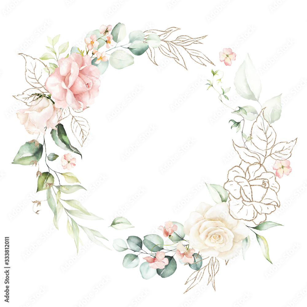 Watercolor floral wreath / frame with green leaves, pink peach blush gold elements and branches, for wedding stationary, greetings, wallpapers, fashion, background. Eucalyptus, olive, green leaves.