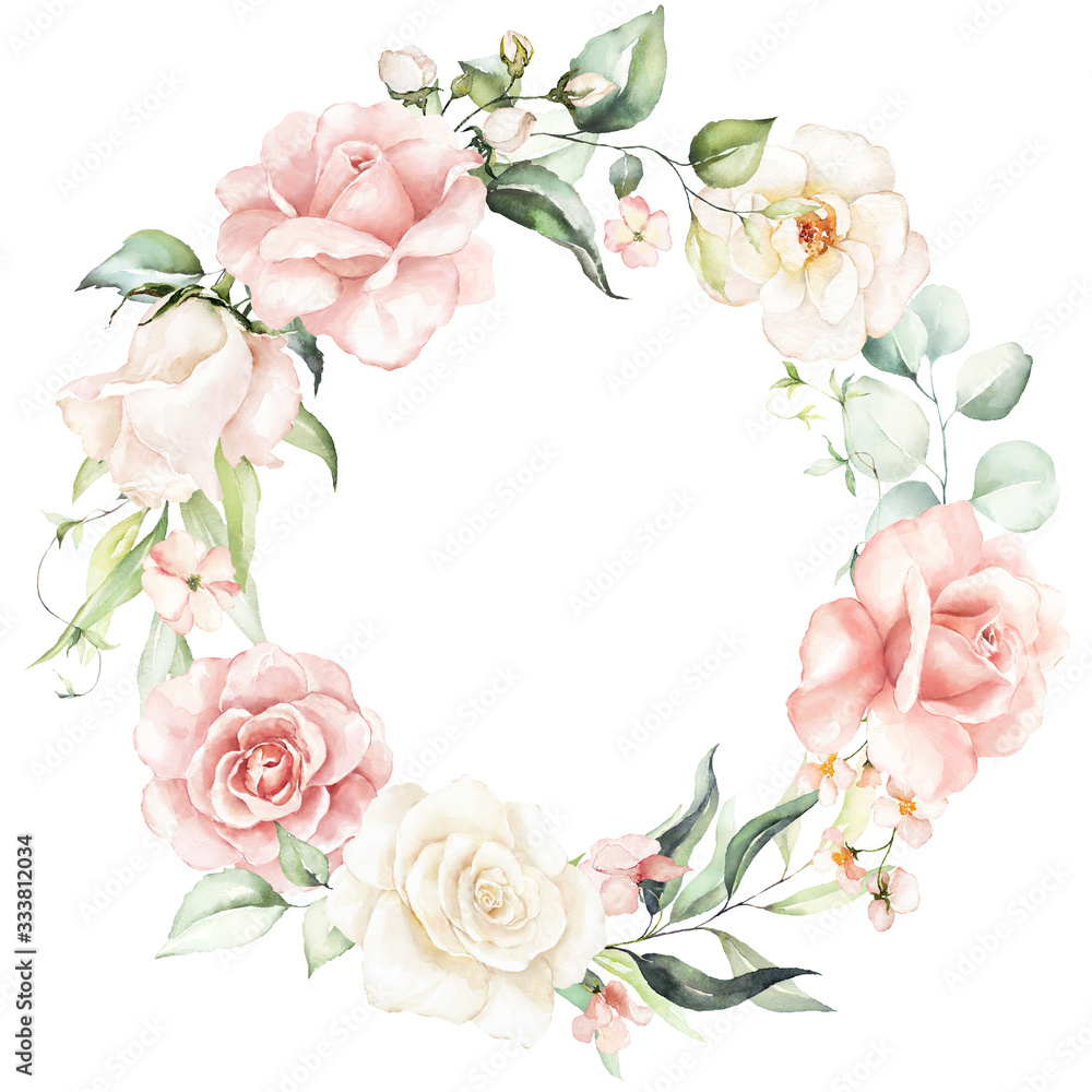 Watercolor floral wreath / frame with green leaves, pink peach blush  flowers and branches, for wedding stationary, greetings, wallpapers,  fashion, background. Eucalyptus, olive, green leaves, rose. ilustración de  Stock | Adobe Stock