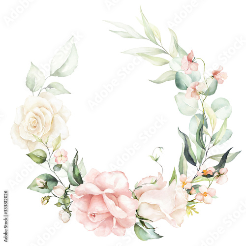 Watercolor floral wreath   frame with green leaves  pink peach blush flowers and branches  for wedding stationary  greetings  wallpapers  fashion  background. Eucalyptus  olive  green leaves  rose.