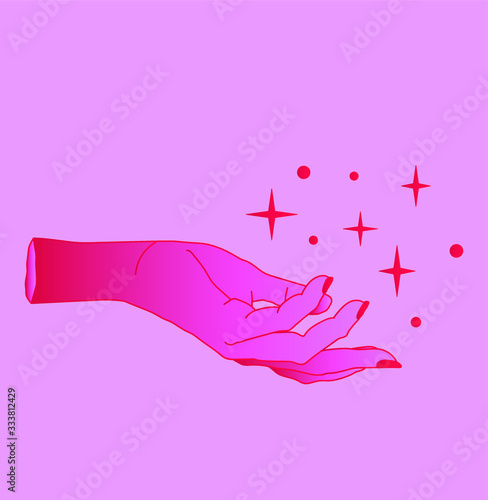 Hand drawn woman's hand with sparkles and stars in simple line art style. Vector illustration for tattoo design or fashion print.