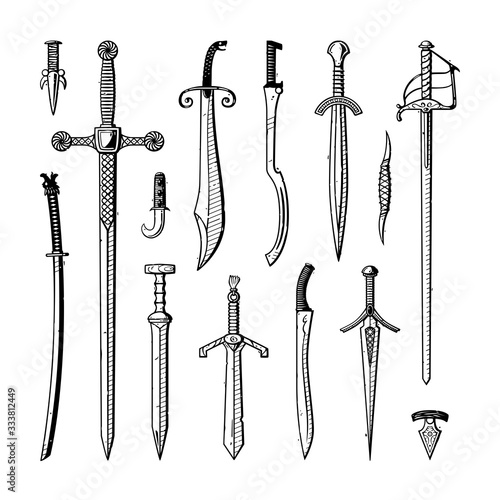Vector ink illustrations of hand-drawn antique, medieval, and renaissance blades (katana, long sword, dagger, gladius) and other oriental, roman, european and middle-eastern blades isolated on white.