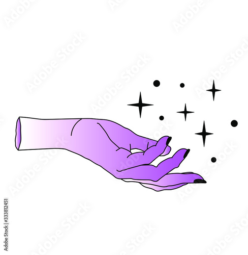 Hand drawn woman's hand with sparkles and stars in simple line art style. Vector illustration for tattoo design or fashion print.