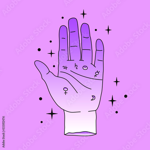 Hand drawn palm with alchemical symbols in simple line art style. Vector illustration for tattoo design or fashion print.
