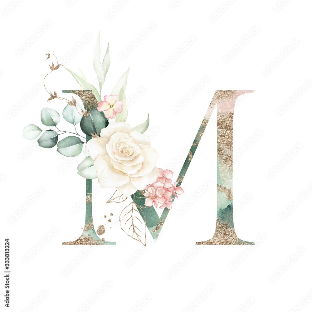 Gold Green Floral Alphabet - letter M with peach pink white gold green ...