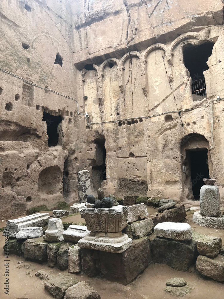 Gumusler Underground Monastery Courtyard in Nigde, Turkey. Gümüşler Monastery ruins and the monastery was one of the important religious center of its period. 