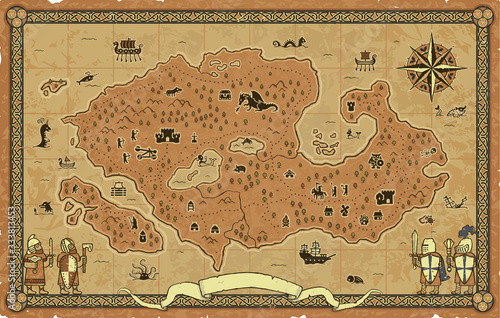 Framed medieval fantasy map on a parchment background with a banner, knights, a compass and many icons: castle, dragon, ships, magician, warriors, dungeon, goblin, skeleton, catapult, archers, etc.