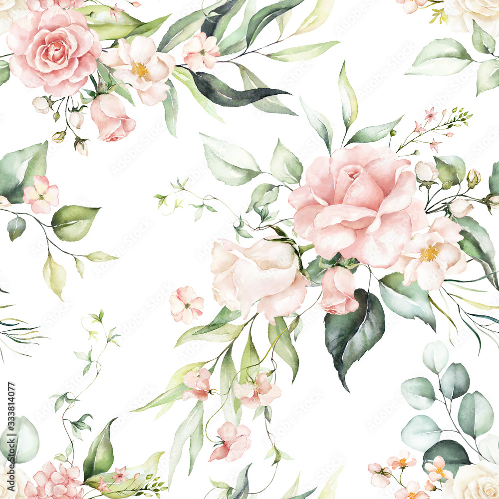 Obraz Seamless watercolor floral pattern - pink flowers, green leaves & branches on white background; for wrappers, wallpapers, postcards, greeting cards, wedding invitations, romantic events.