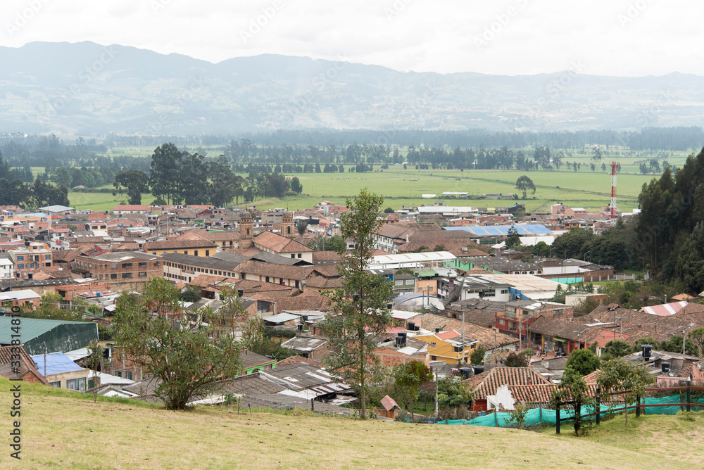 Panoramic, cityscape of Nemocon, Colombia, from a nearby hill