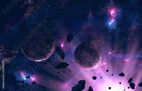 Surreal 3d illustration of asteroids hitting a planet