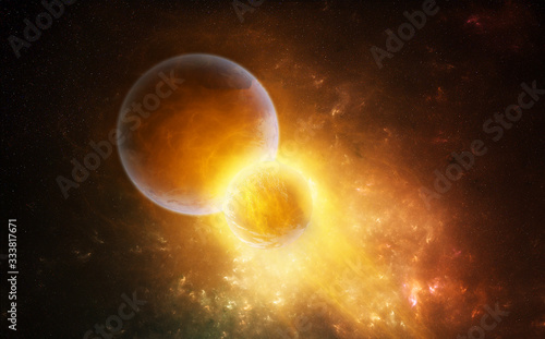 Artistic 3d rendering illustration of planet and moon colliding