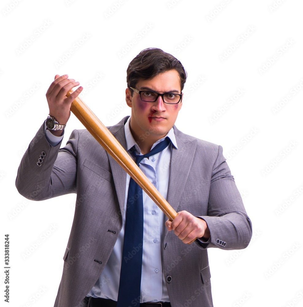 Businessman with baseball bat isolated on white Businessman with baseball bat isolated on white
