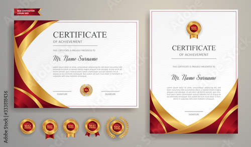 Red and gold certificate of appreciation border vector template with luxury badge and modern line pattern. For award, business, and education needs