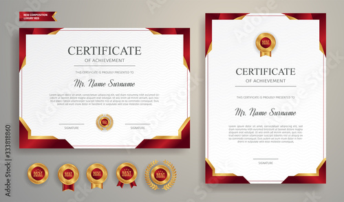 Red and gold certificate of achievement template with gold badge and border