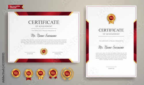 Red and gold certificate of achievement template with gold badge and border