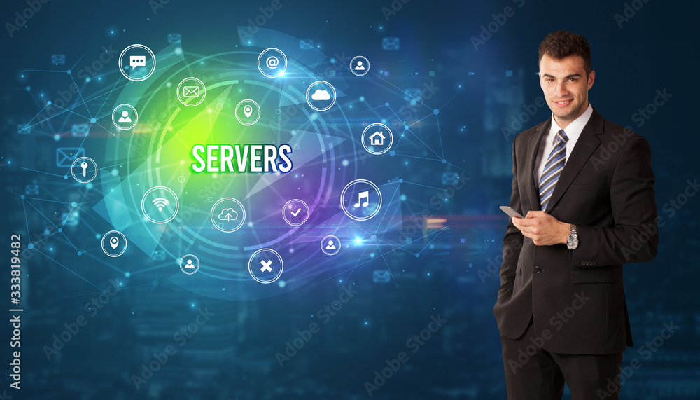 Businessman thinking in front of technology related icons and SERVERS inscription, modern technology concept Businessman thinking in front of technology related icons and SERVERS inscription, modern technology concept