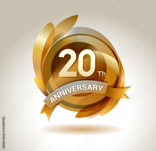 20 years anniversary celebration. Anniversary logo with ring and elegance golden color, for celebration, invitation card, and greeting card