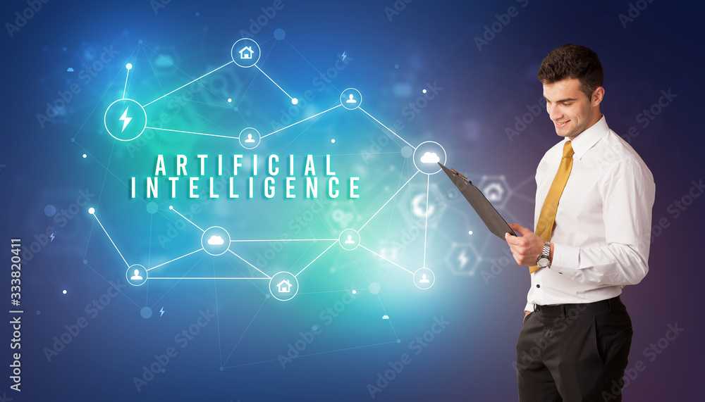 Businessman in front of cloud service icons with ARTIFICIAL INTELLIGENCE inscription, modern technology concept Businessman in front of cloud service icons with ARTIFICIAL INTELLIGENCE inscription, modern technology concept