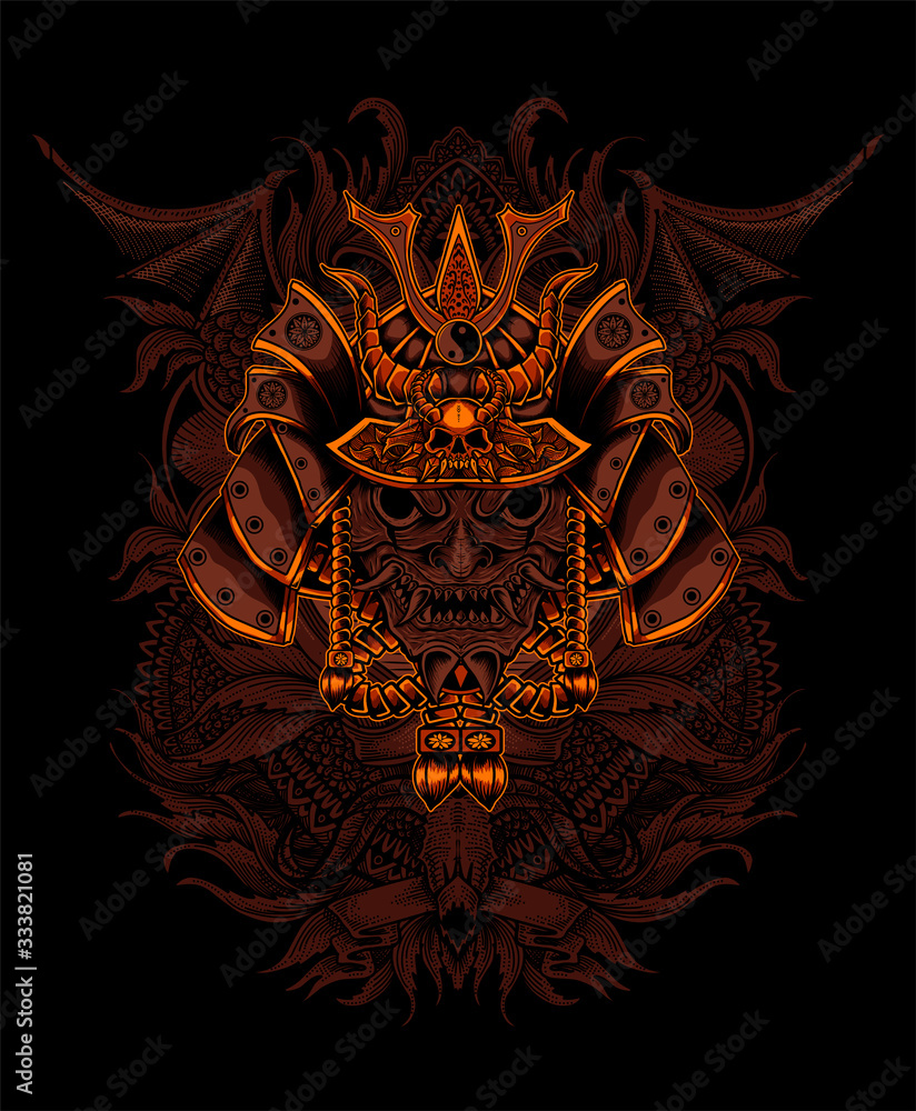 Fototapeta premium Demon mask with Samurai helmet on black background-vector