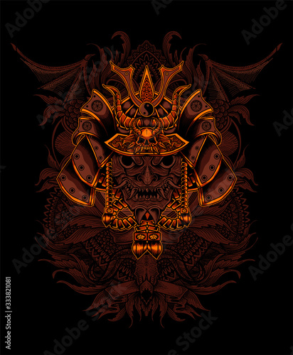 Demon mask with Samurai helmet on black background-vector